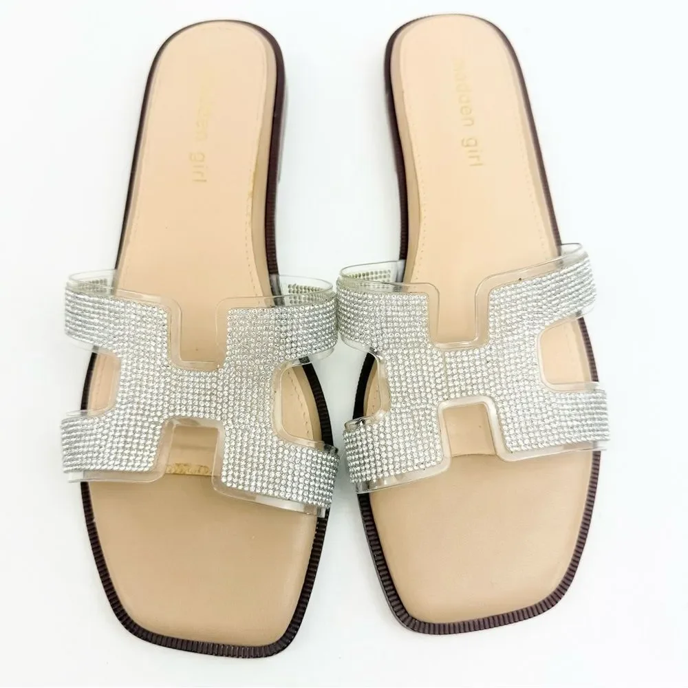 Madden Girl HAILEY Silver Rhinestone Sparkle H Strap Slip On Slide Sandals